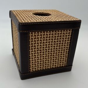Woven Tan Rattan and Brown Leather Trim Tissue Box Cover